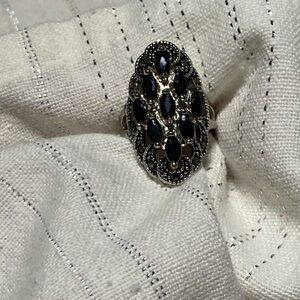 Silver Tone Black Crystal & Marcasite Cluster Ring size 6